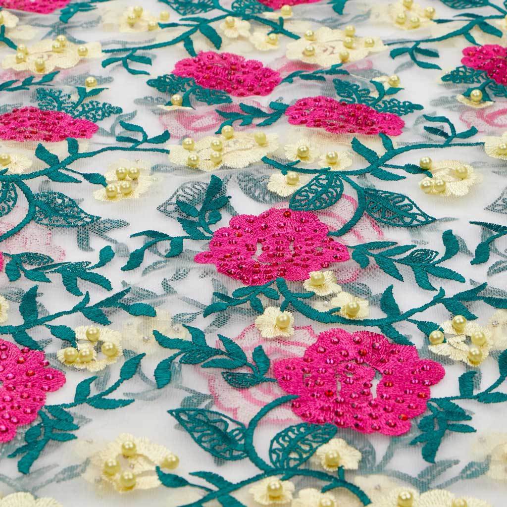 Rose and Vine Embroidered Mesh Fabric | Blue Moon Fabrics - Image 3